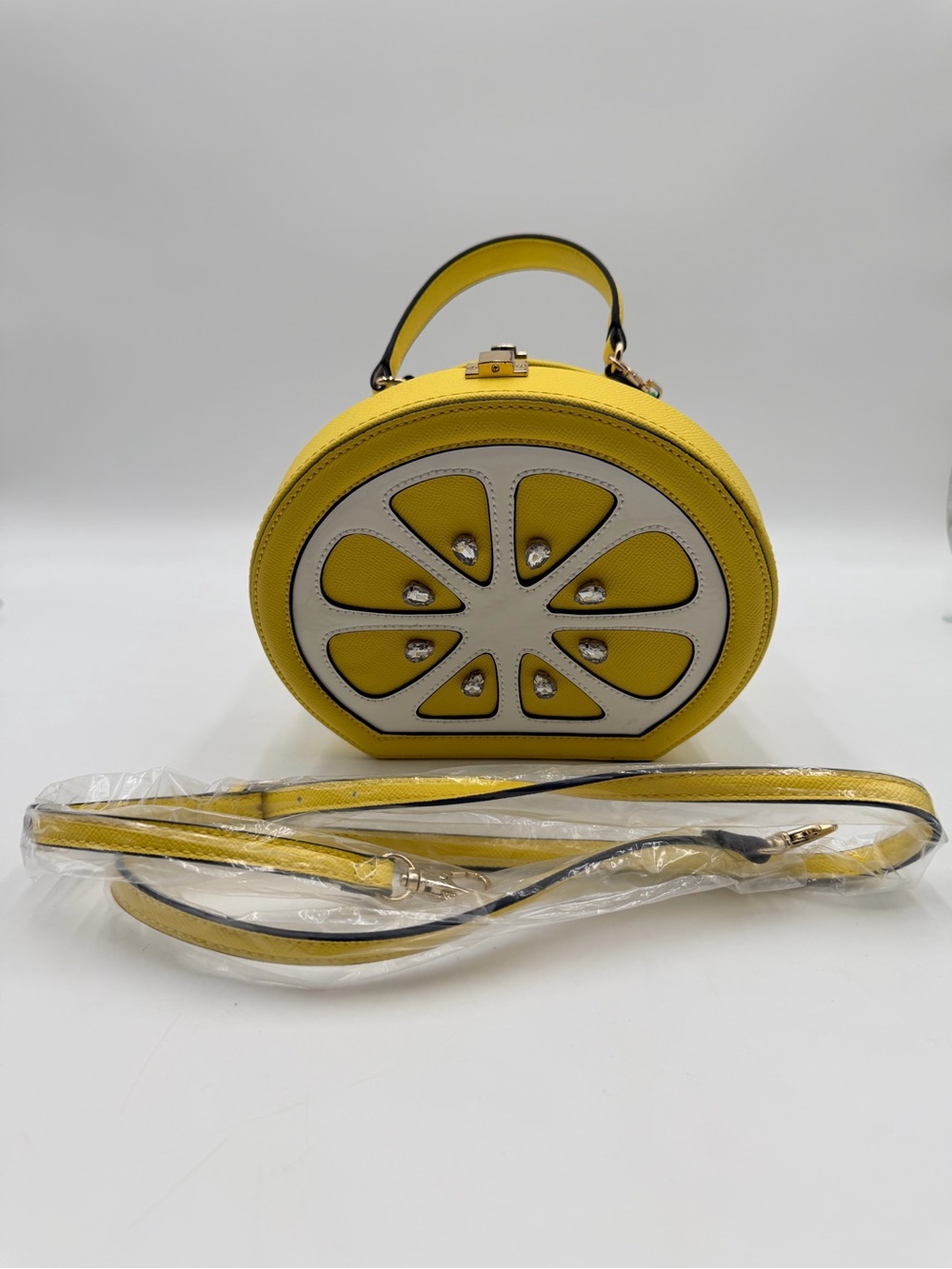 Yellow Lemon Slice Aldo Rhinestone Novelty Top-Handle Bag with Crossbody Strap - Picture 14 of 15